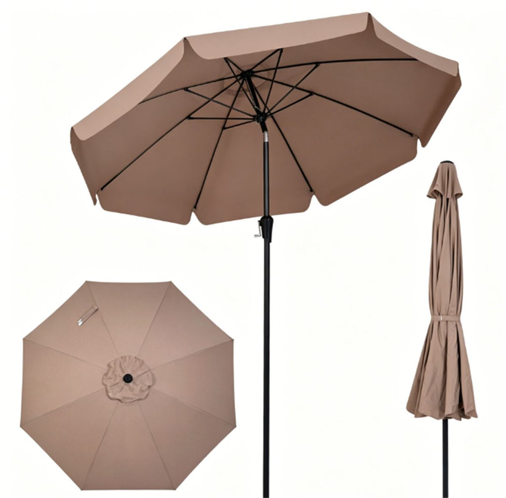 Brown 10ft Scalloped Patio Umbrella with PushButton Tilt, Vented Outdoor Market Parasol with Crank Lift, Fiberglass Ribs Sun Shade for Backyard Deck Poolside