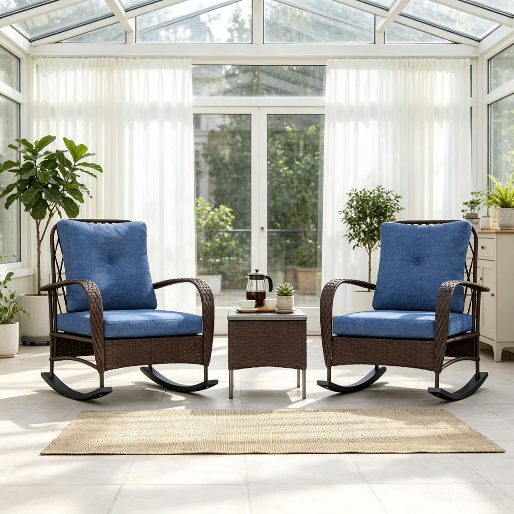 Brown 3-Piece Wicker Patio Furniture Set Outdoor PE Rattan Rocking Chairs with Coffee Table & Plush Cushions