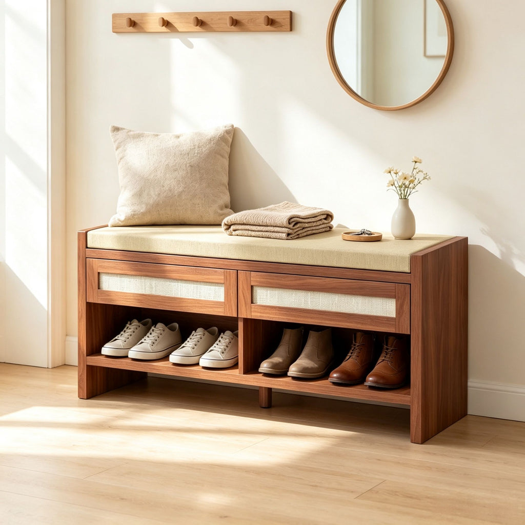 Brown 3-Tier Shoe Storage Bench Cushioned Seat, 2 Rattan Drawers and Bottom Open Shelf