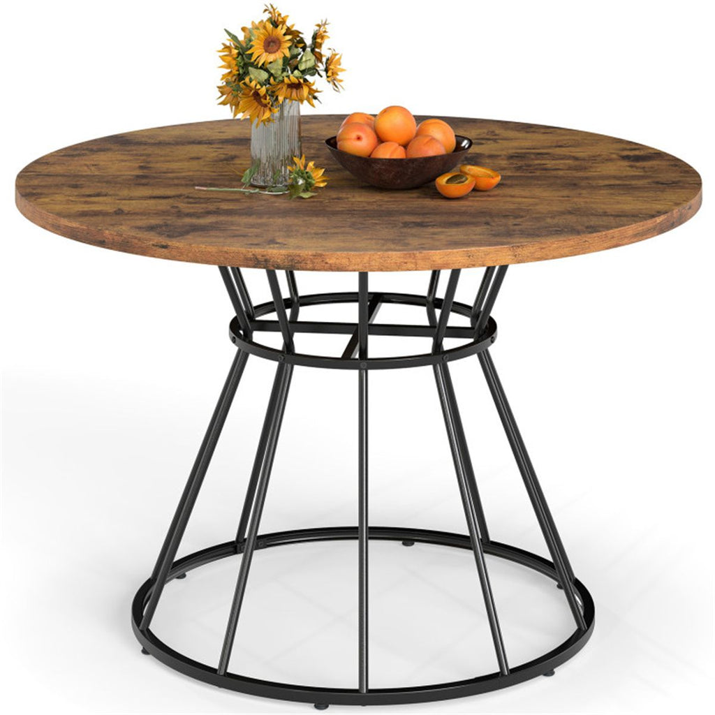 Brown 47" Round Dining Table , Family-Sized for 4-6 People, Hourglass Metal Base & Curved Tabletop