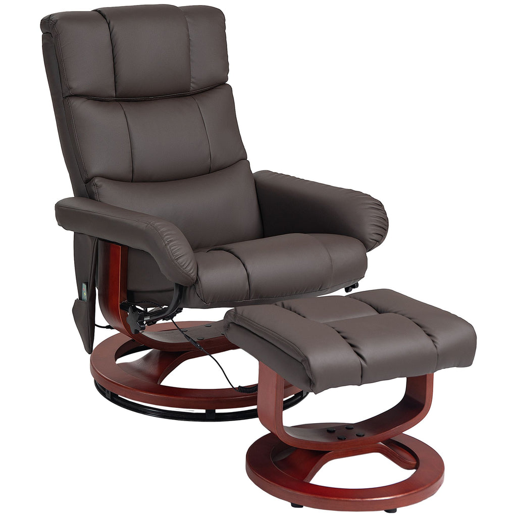 Brown Faux Leather Swivel Massage Recliner & Ottoman with Remote for Ultimate Relaxation | Home Comfort