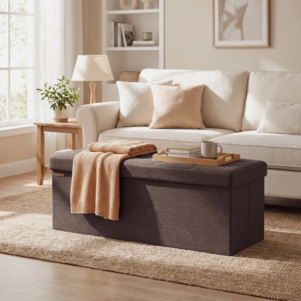 Brown FoldableStorageOttoman Bench with 660lb Capacity