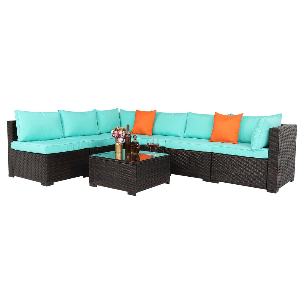 Brown Gradient Rattan Lake Blue Cushion Cushion Vacuum Packing Rattan 7 Piece Set
