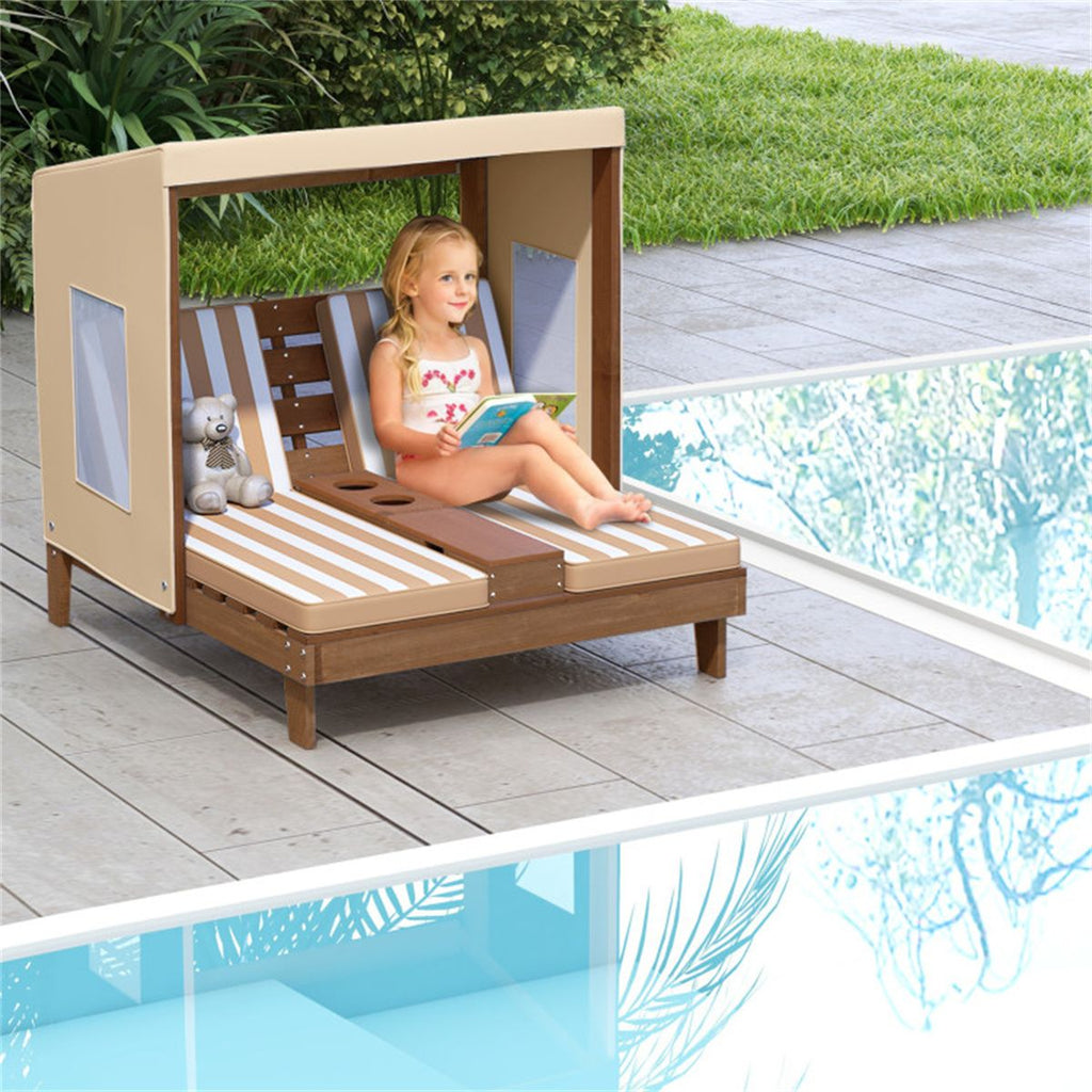 Brown Kids Patio Lounge Chair with Cup Holders and Awning