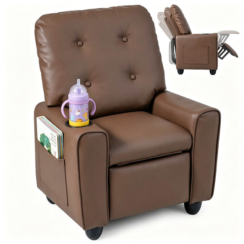 Brown Kids Recliner Sofa with Retractable Footrest, Waterproof PU Leather Toddler Chair with Cup Holder & Side Pockets, Solid Wood Frame Ergonomic Lounge Chair for Children