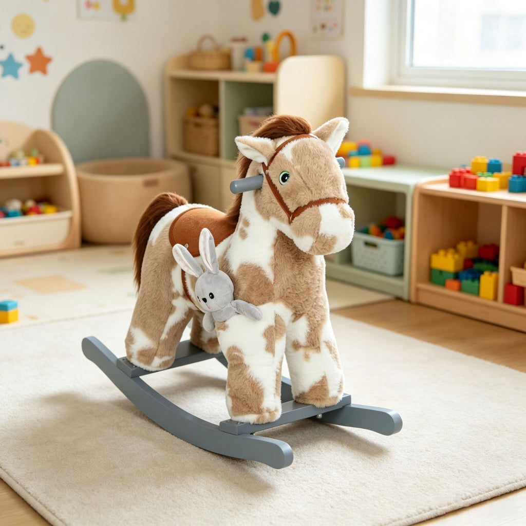 Brown Kids Rocking Horse Soft Plush Horse Rocker with Rabbit Toy, Realistic Neigh for Playroom & Living Room