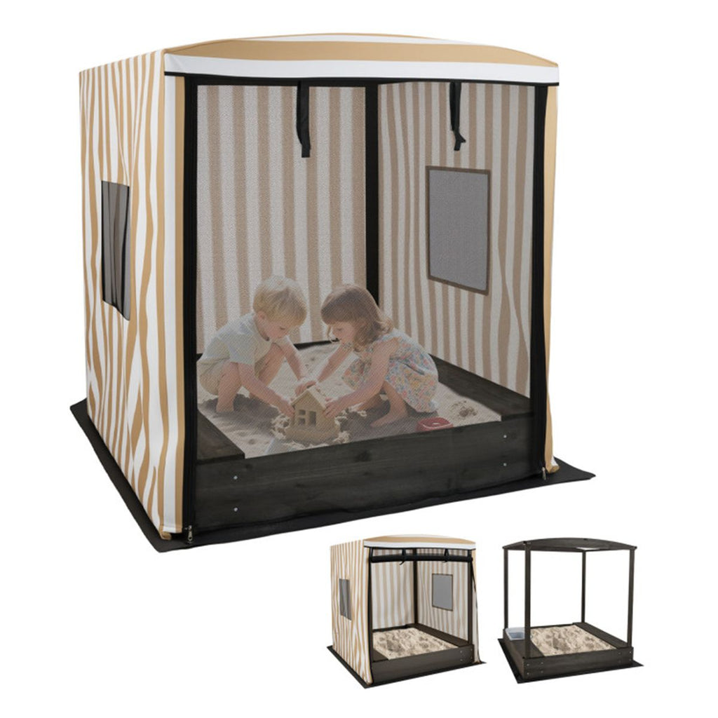 Brown Kids Wooden Sandbox with Waterproof Canopy, Built-in Seats & Storage