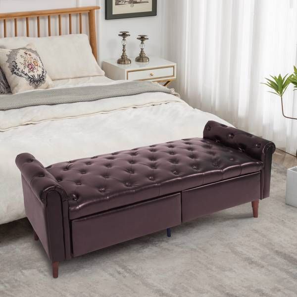 Brown, Multifunctional Storage Sofa Stool with Pu Leather Armrests
