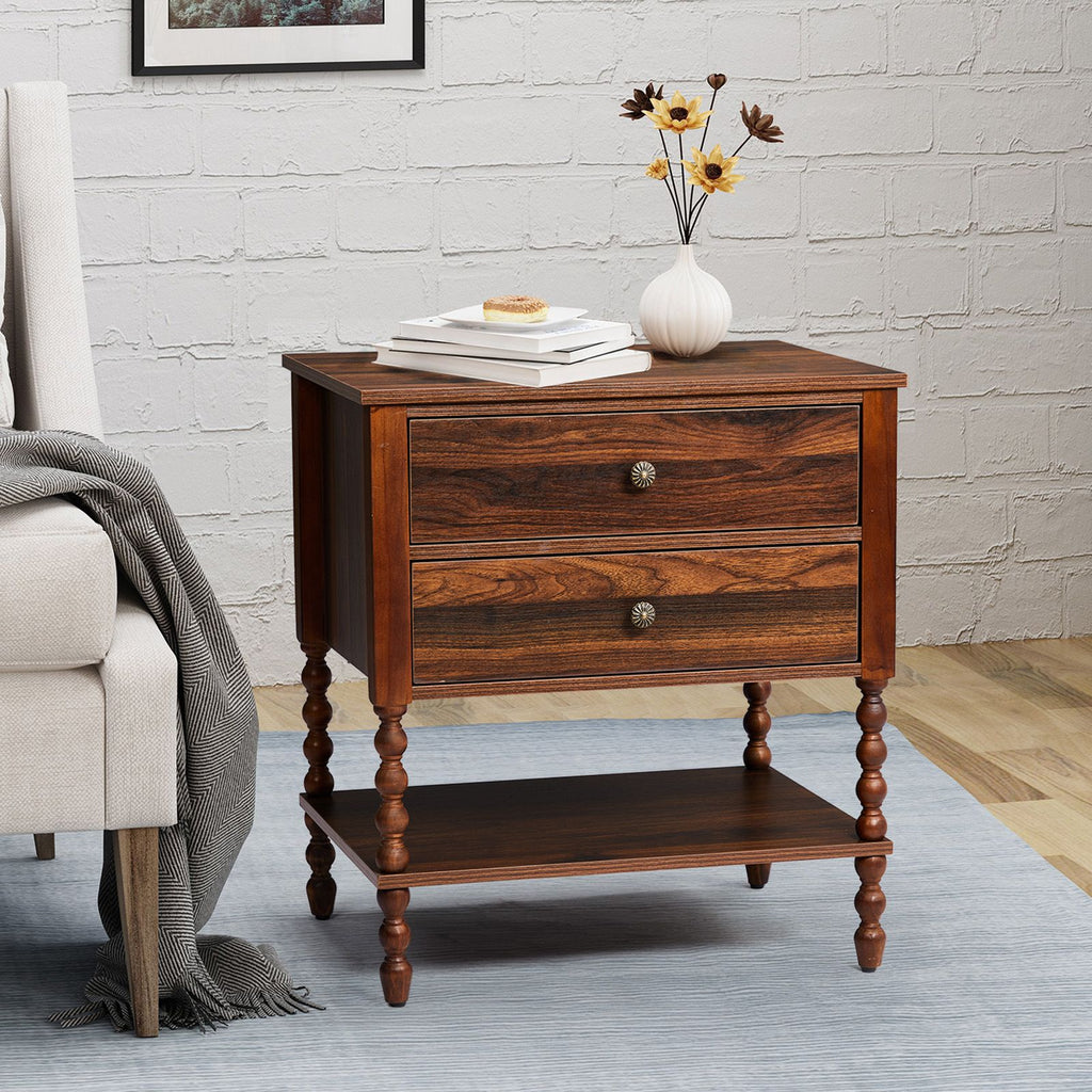 Brown P2 Particleboard with 3D Paper + Solid Wood Legs 61*45*68CM 2-Drawer with Lower Divider Bedside Table Mid-Century Modern 1pc