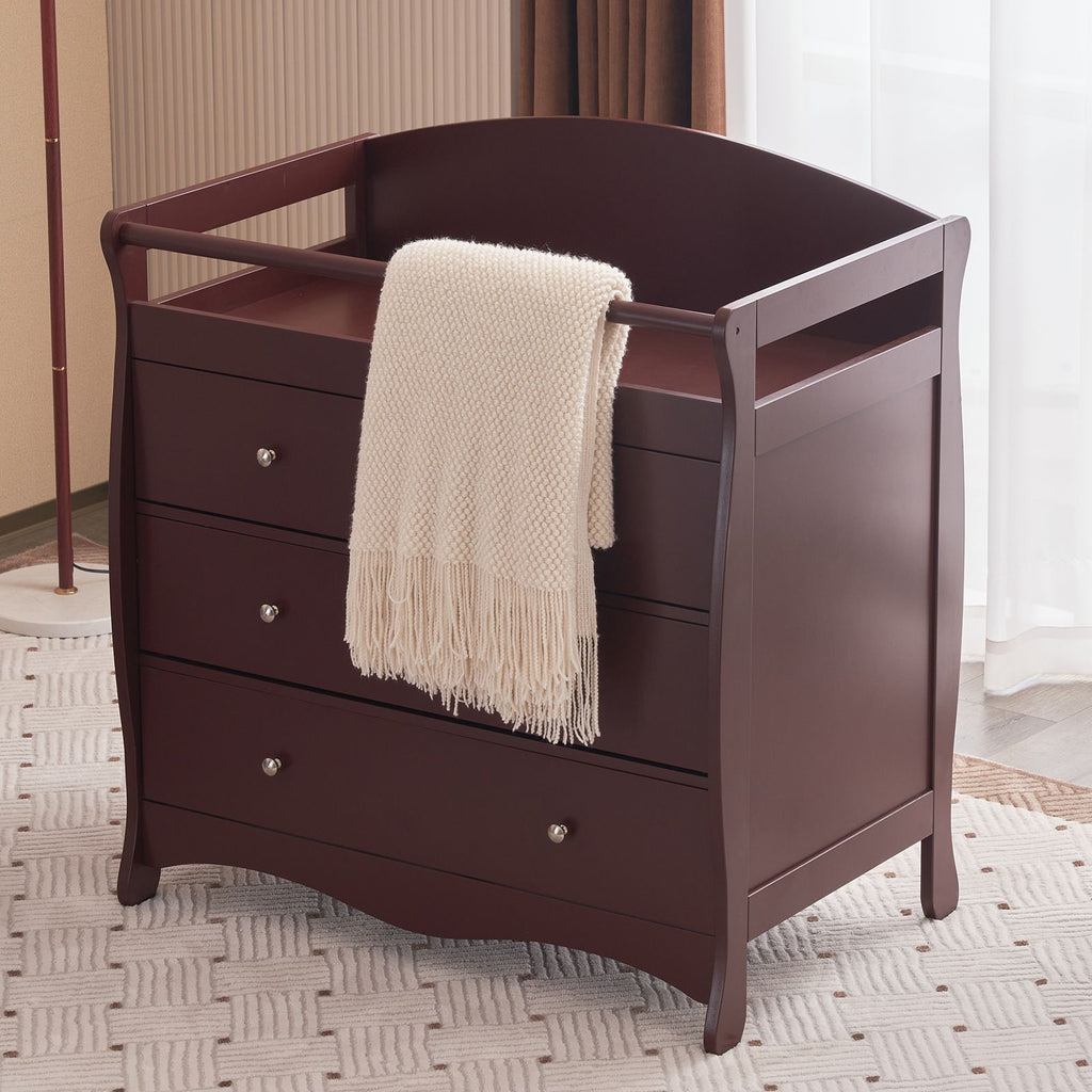 Brown painted surface MDF three-layer drawer 90.5*58*92cm children's wooden bed with safety belt and diaper changing table for baby