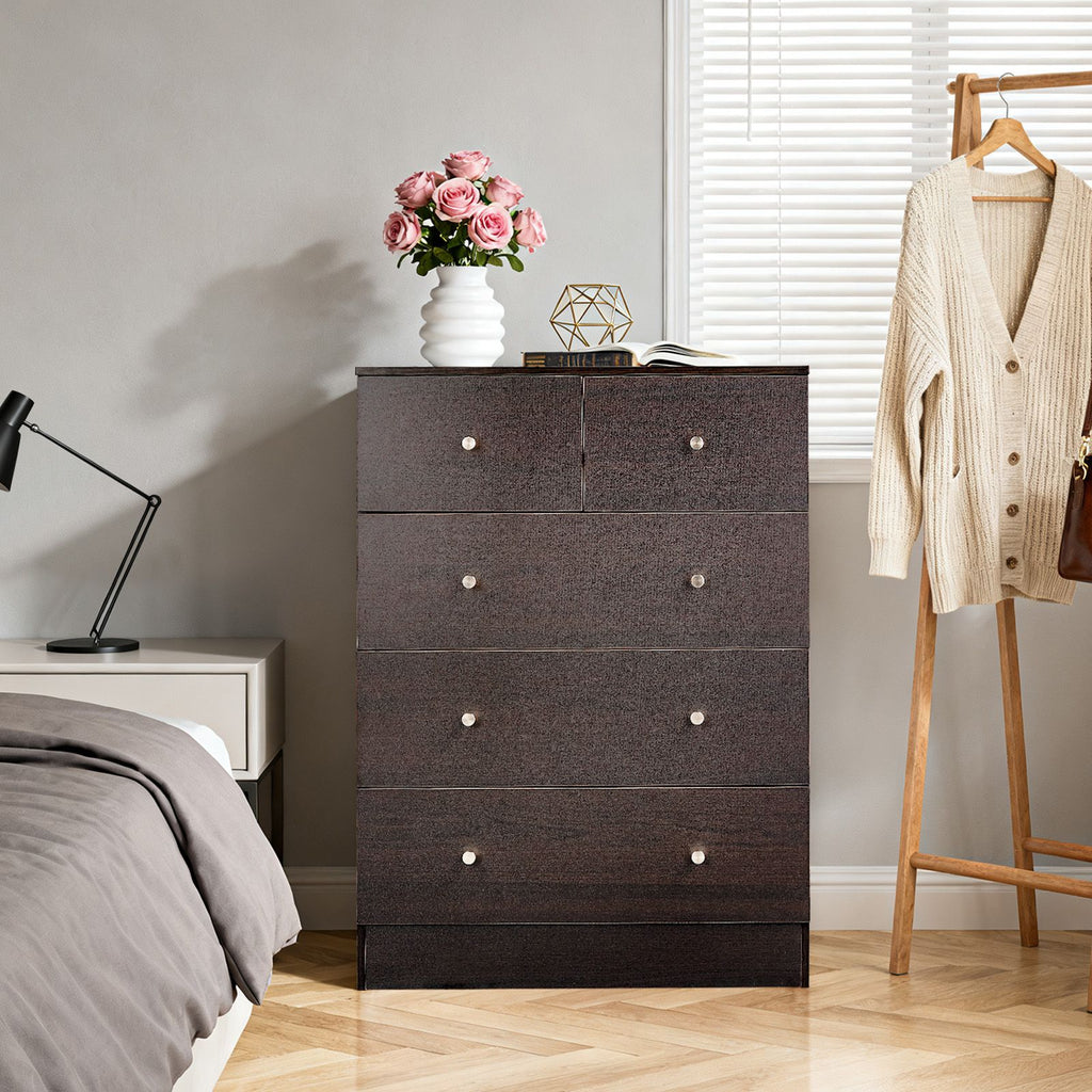 Brown particleboard with melamine laminate finish, 66*40*91cm, 3+2 drawers, chest of drawers with matte gold handles