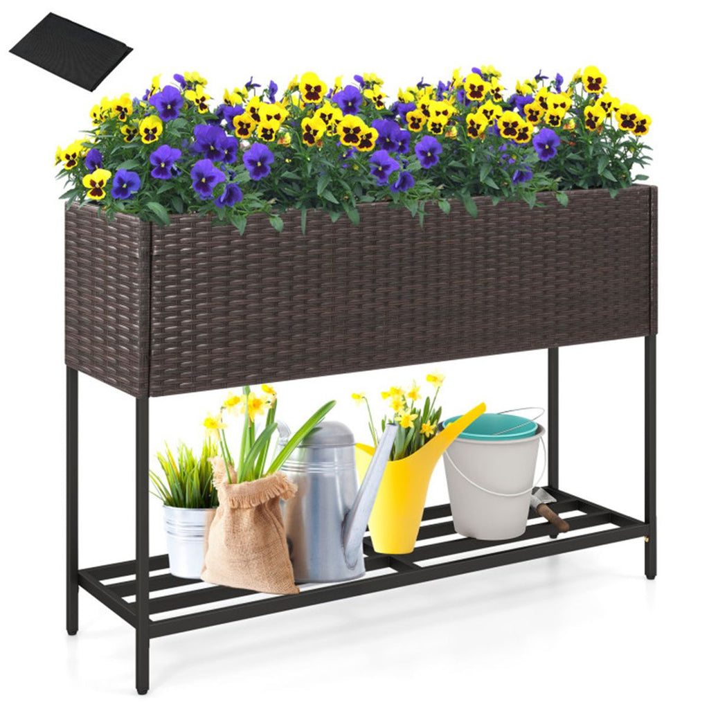 Brown PE Rattan Elevated Planter with Lower Shelf, 101.630.4871.12cm Raised Garden Bed with Drainage,