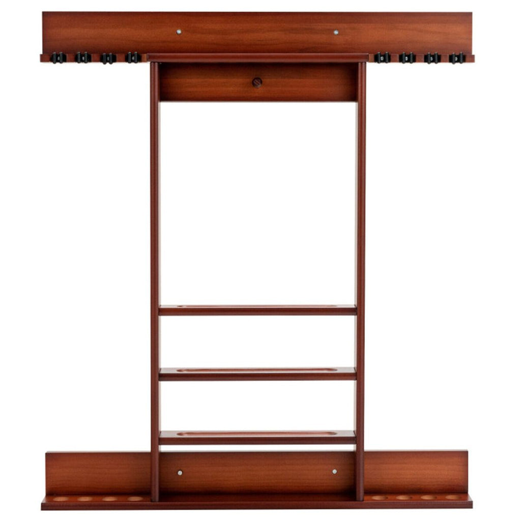 Brown Pine Wood Wall-Mounted Billiards Cue Rack, Holds 8 Cues & 16 Balls with 5 Storage Compartments