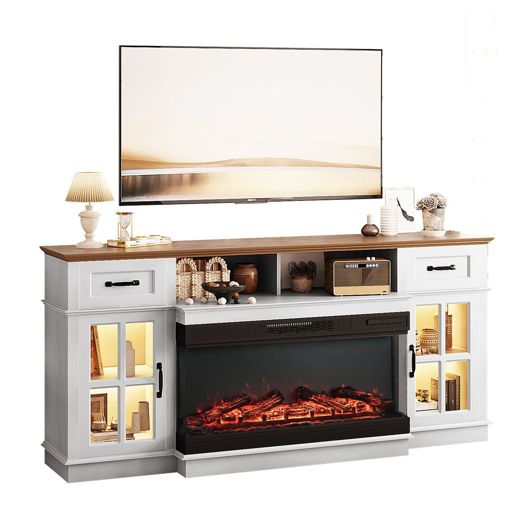 Brown Top + Washed White Cabinet Fireplace TV Stand for 36 Inch Insert, 2 Doors 2 Drawers 1 Shelf with RGB Lights, Media Console 178 x 34.6 x 82.4 cm