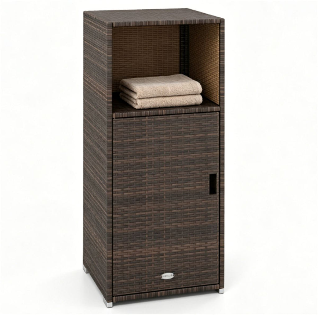 Brown Wicker Garden Storage Cabinet, Dual Open & Closed Design Outdoor Tool Cushion Storage Cabinet for Backyard Porch Poolside
