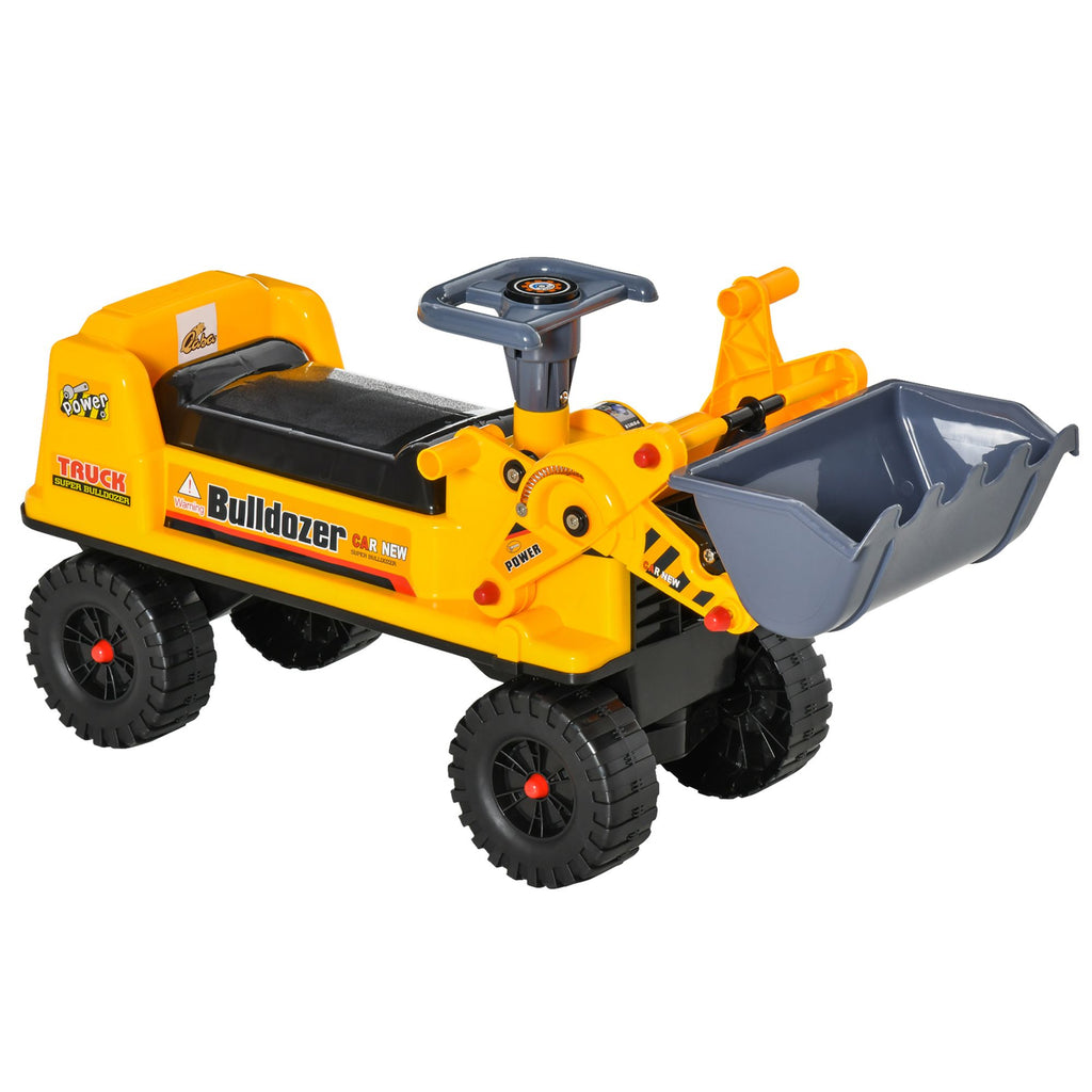 Bulldozer Ride-On Toy Excavator, Multi-functional with Steering Wheel, Under Seat Storage, Yellow, Ages 2-3
