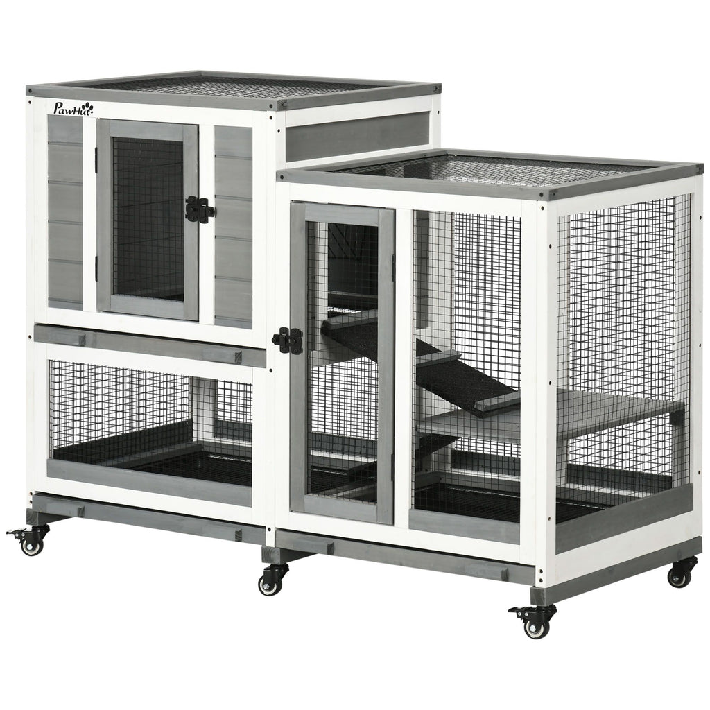 Bunny Hutch Indoor, 2 Story Indoor Rabbit Hutch Wood Bunny House with Runs Wheels Waterproof Gray