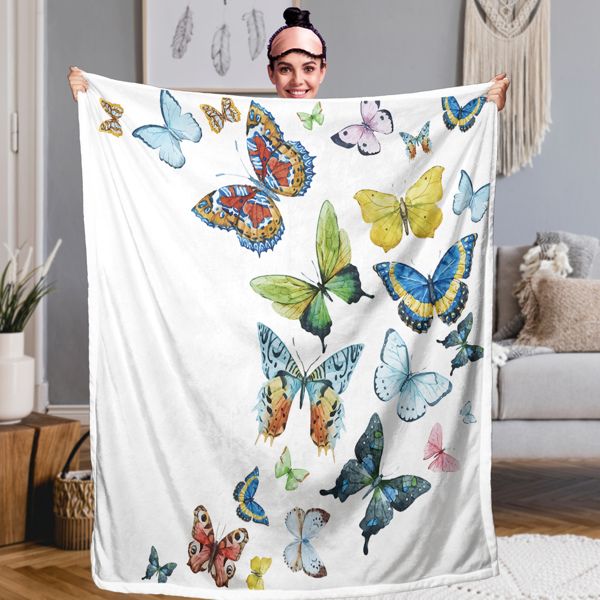 Butterfly Sherpa Throw Blanket Home Throw Blanket Sherpa Fleece Reversible Blankets Girls Hippie Blanket (60 x 80 Inch)