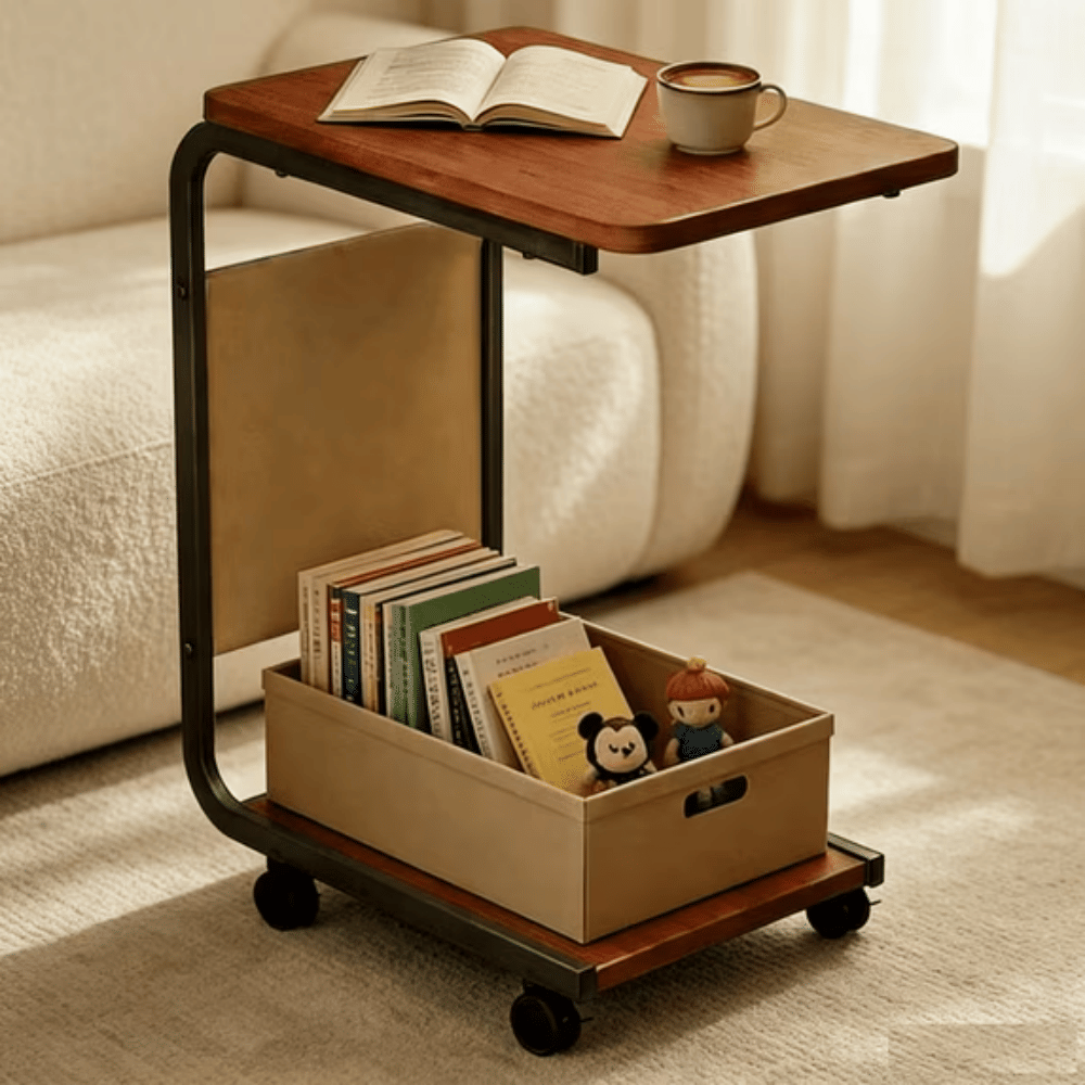C-Shaped EndTablewith WheelsandDouble-LayerStorage, Rolling Sofa SideTableforCouch, Bed, Bathroom, Study, Sturdy Metal Frame, 360 Rotatable Wheels,Space-Saving SnackTable