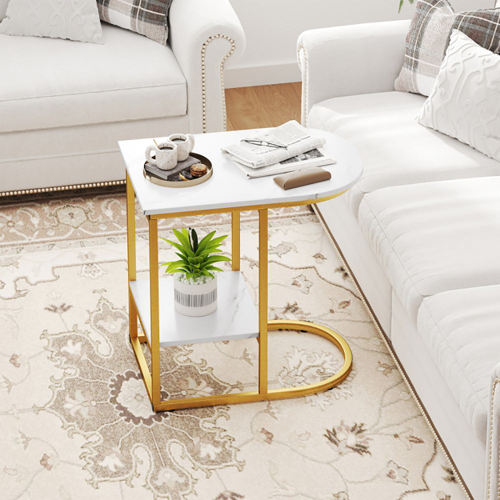 C-shaped Modern Sofa Side Table with Faux Marble Tabletop and Storage Shelf