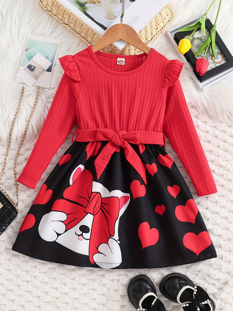 Cute & Smart Girls Kitty Bows Graphic Stitching Long Sleeve Midi Dress With Belt, Kids Casual Dress For Daily Going Out