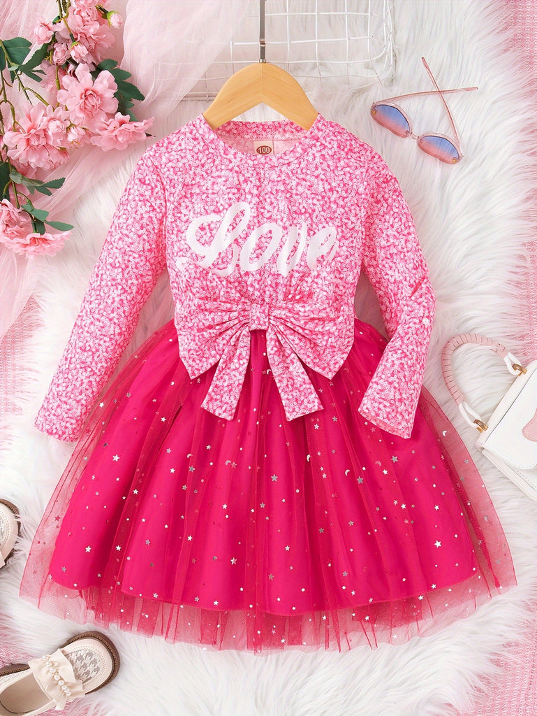 Sweet LOVE Banquet Princess Dress For Girls, Long Sleeve Bowknot A-line Mesh Dresses, Perfect For Autumn And Spring Parties Gift