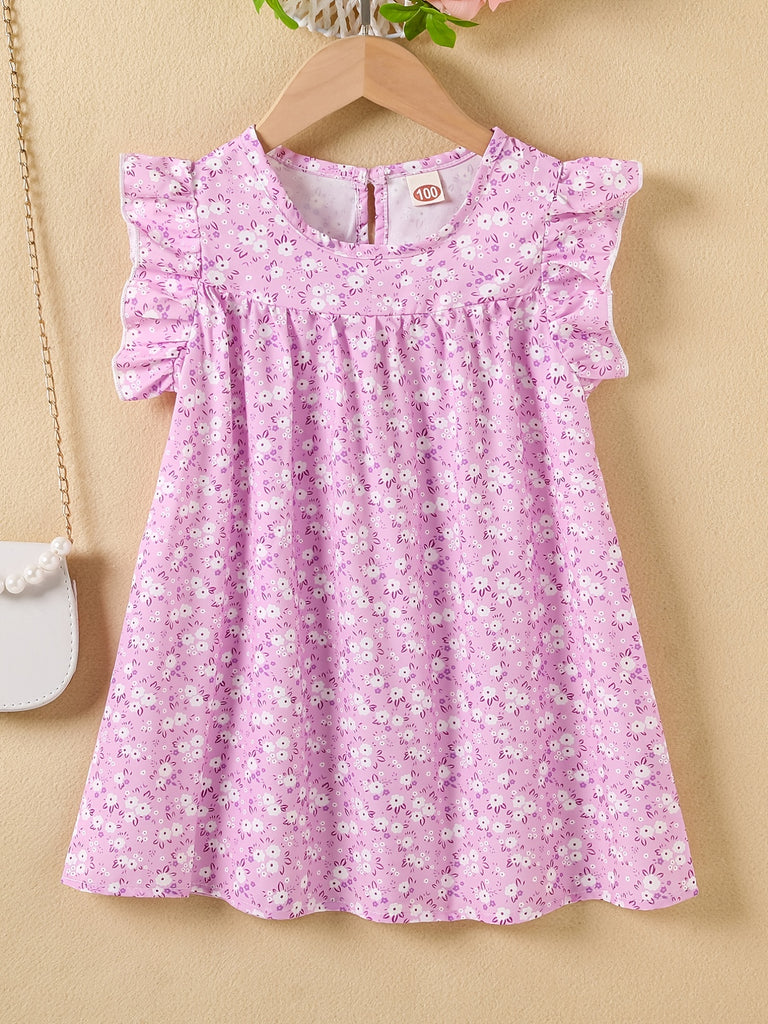 Girls' Summer Floral Princess Sundress - Sleeveless, Easy-Care, Elegant Crew Neck with Flared Hem