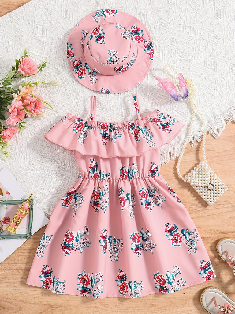 2pcs Toddler Girls Ruffle Trim Cold Shoulder Flowers Graphic Princess Dress & Hat Set For Party Beach Vacation Kids Summer Clothes