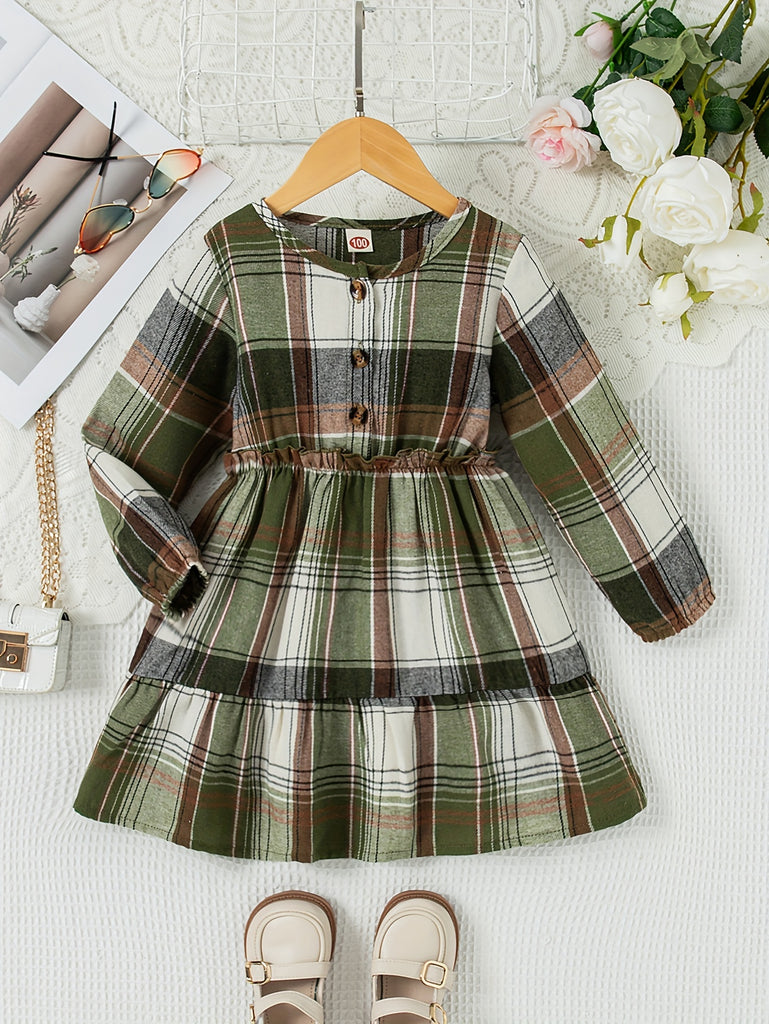 Girls Stylish & Casual Long Sleeve Plaid Pattern Button Up Ruffle Spliced Dress For Spring & Fall Outdoors