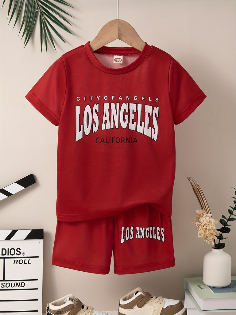 2pcs Boys Casual LOS ANGELES Letter Graphic Print Short Sleeve T-shirt & Shorts Set, Comfy Summer Boys Clothes