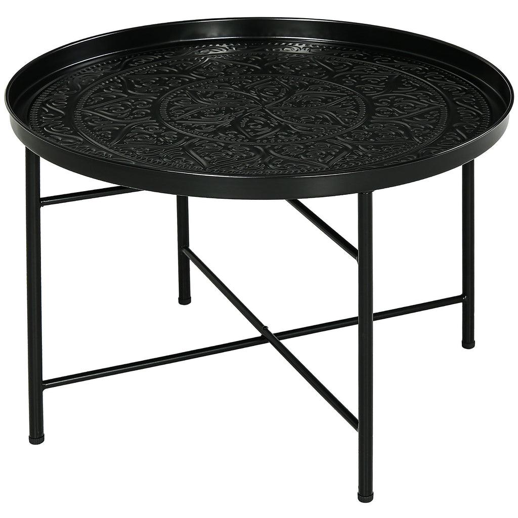 Cafe Table for Living Room, 24" Round Center Table with Hammered Tray Top and Metal Frame for Bedroom, Black