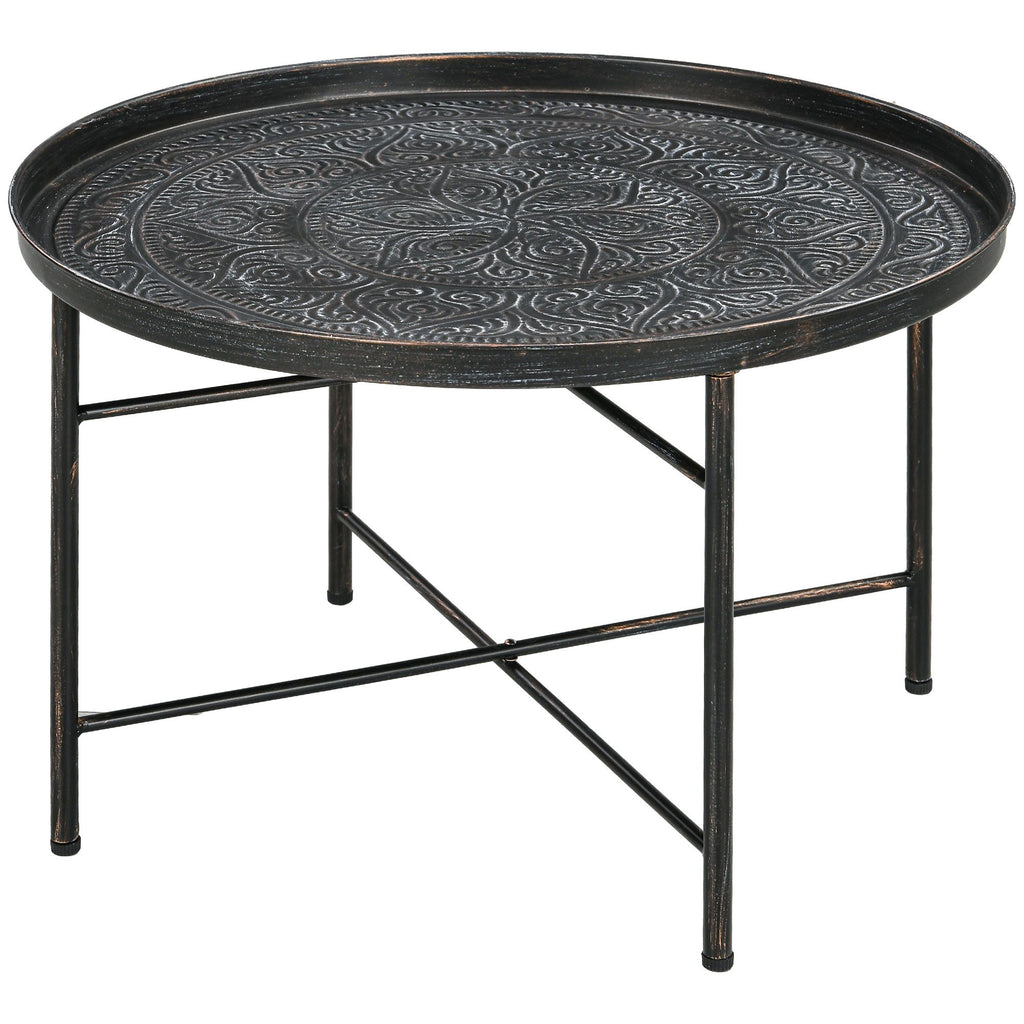Cafe Table for Living Room, 24" Round Center Table with Hammered Tray Top and Metal Frame for Bedroom, Pewter