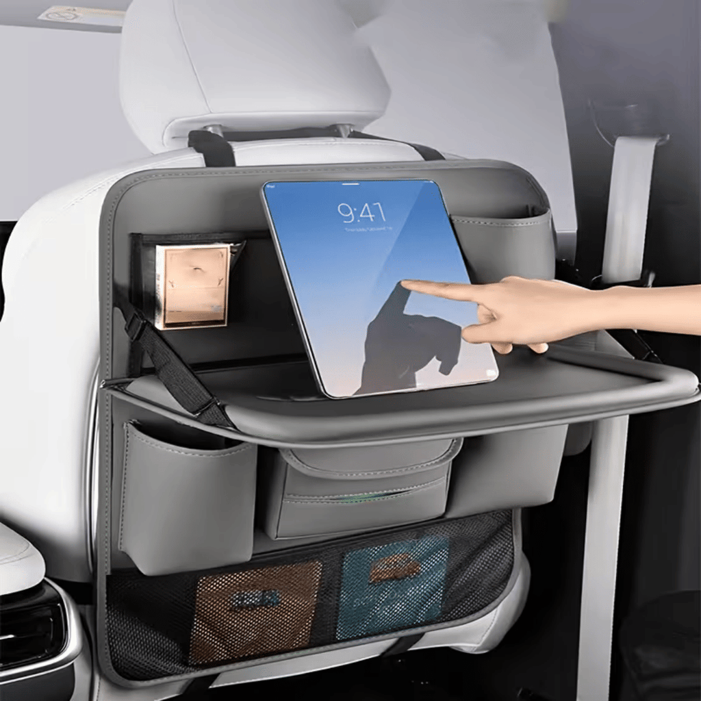 Car rear seat storage bag with foldable desktop tray, hanging storage bag with touch screen phone holder, high-quality PU leather material, compatible with most vehicles, internal car accessories