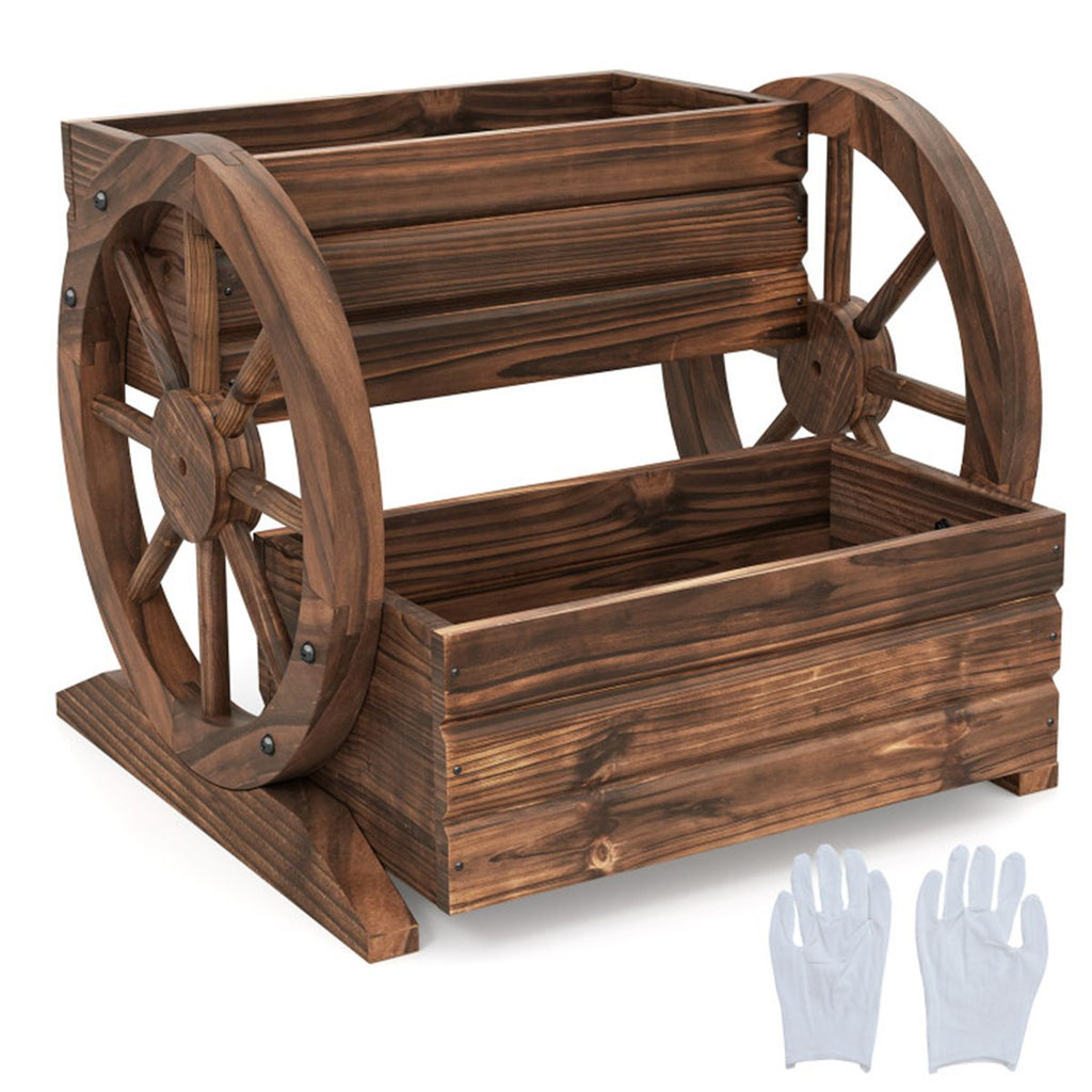 Carbonized Fir Wood 2-Tier Wagon Planter, Drainage Holes Elevated Garden Bed for Herbs Vegetables
