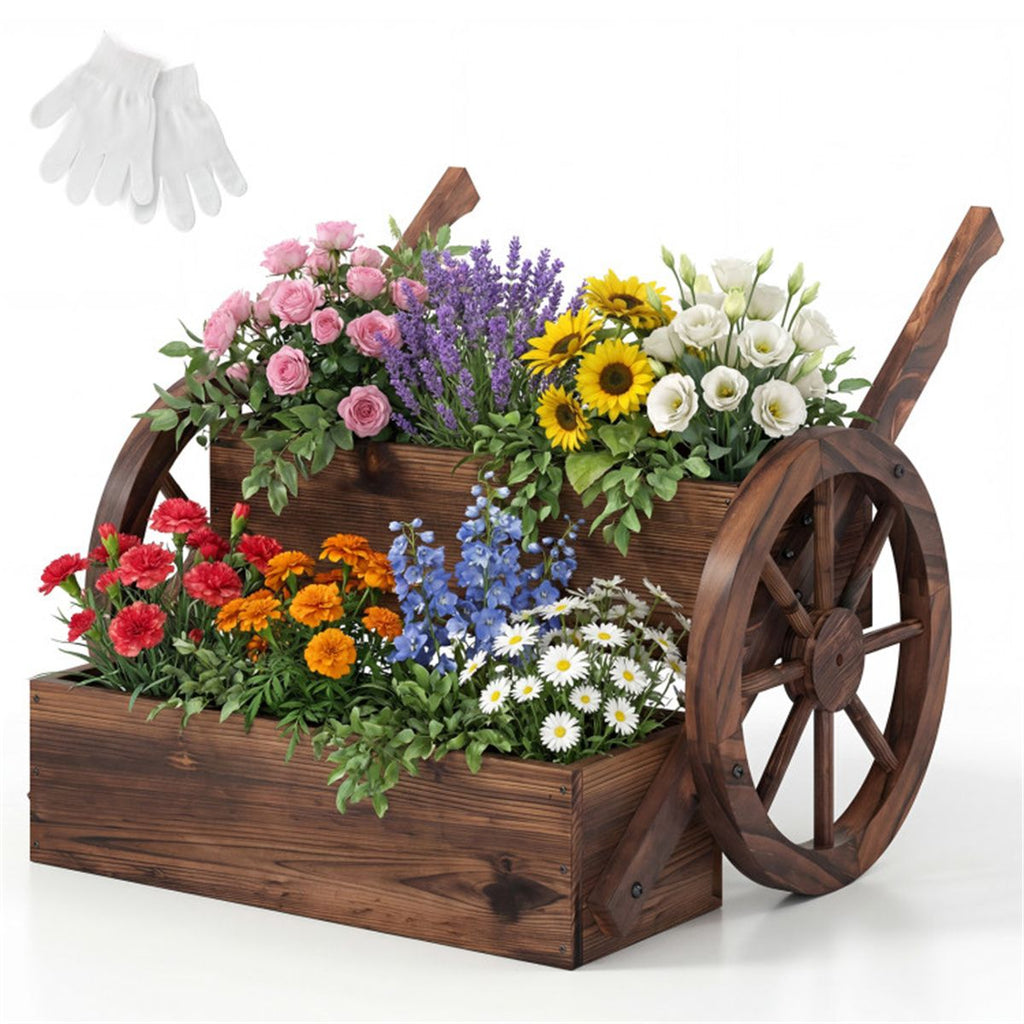 Carbonized Fir Wood 2-Tier Wagon Planter, Drainage Holes Ladder Plant Cart for Balcony Garden