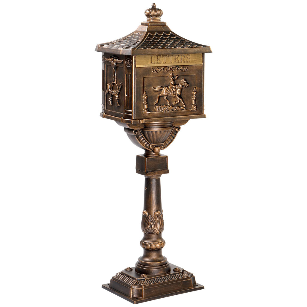 Cast Aluminum Mailbox with Post, Heavy Duty Postal Box with 2 Keys, Baffle Door, Expansion Bolts, Address Panel, In-Ground Large Security Mailbox for Outside, Antique Bronze