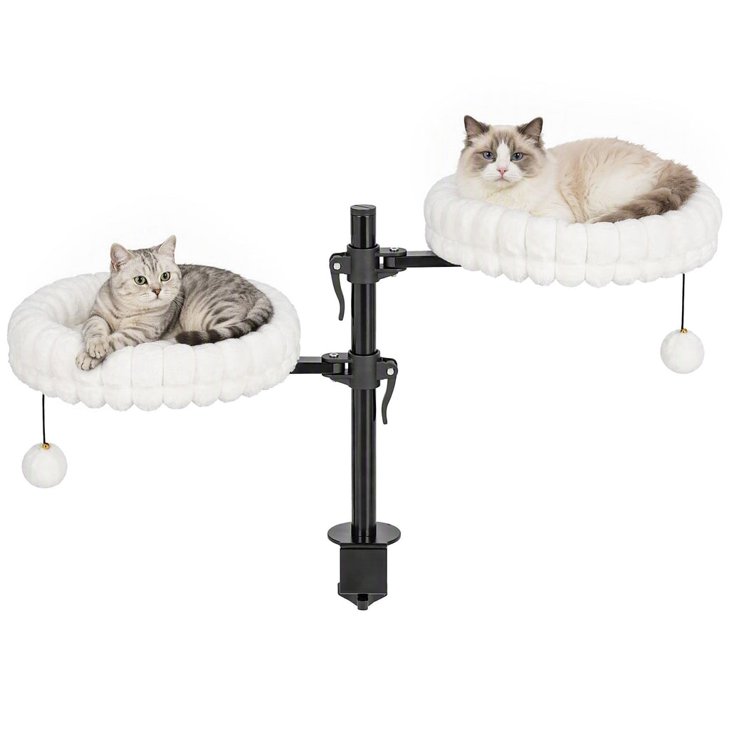 Cat Desk Bed for Indoor, Cat Hammock with 2 Removable Beds, 2 Hanging Balls for Desk, Windows, Holds Up to 24 lbs, White