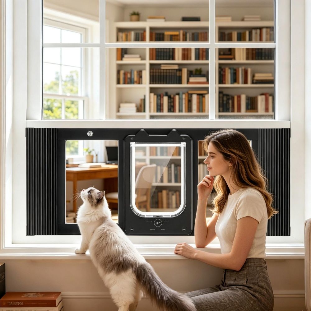 Cat Door for Window with Adjustable Length for Indoor