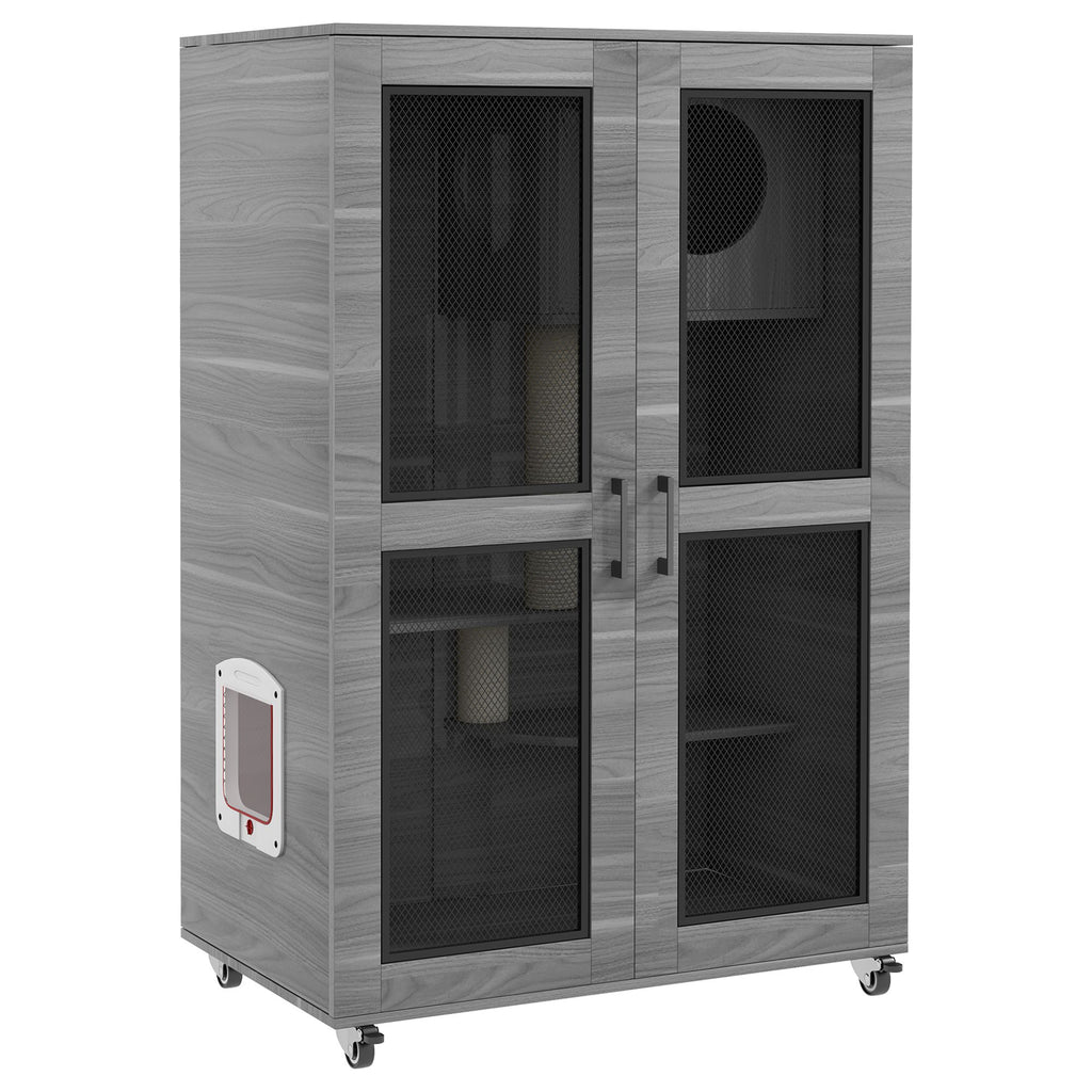 Cat House with Cat Tree, Kitty Cage with Scratching Posts Condo Cat Enclosure Lockable Wheels, Gray