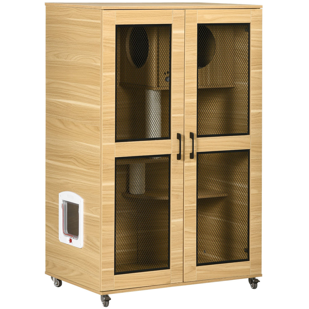 Cat House with Cat Tree, Kitty Cage with Scratching Posts Condo Cat Enclosure Lockable Wheels, Oak