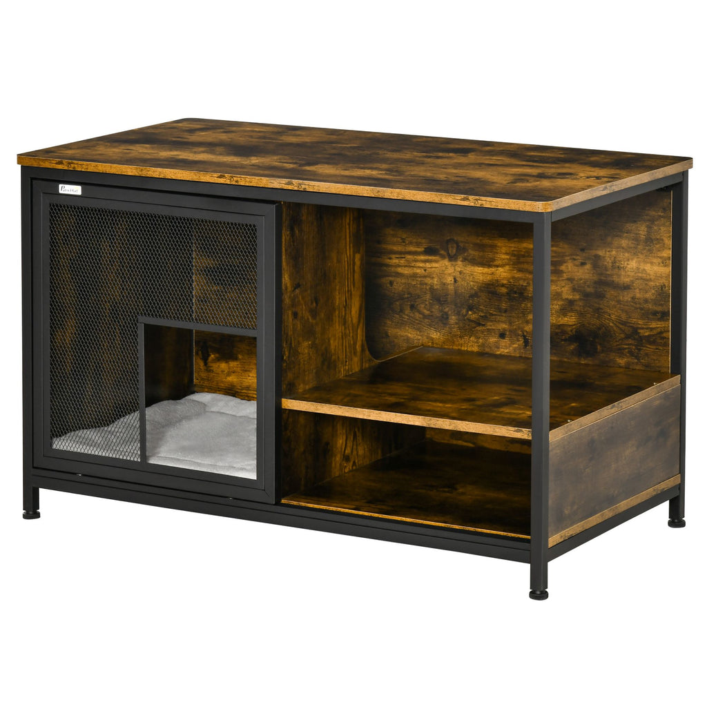 Cat Kennel End Table with Cushion Sliding Doors Wood Steel Pet Crate Rustic Brown