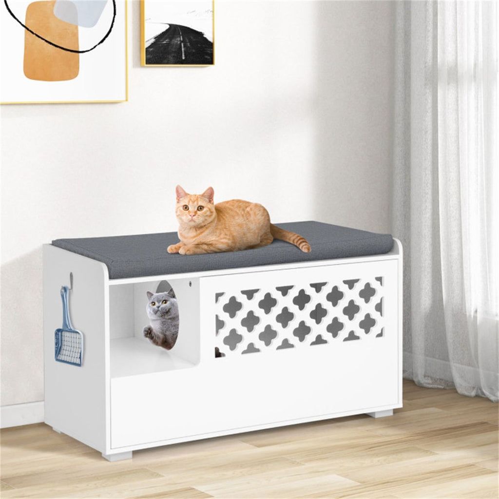Cat Litter Box Enclosure, Entrance Shoe Stool with Removable Cushion and Front Open Door