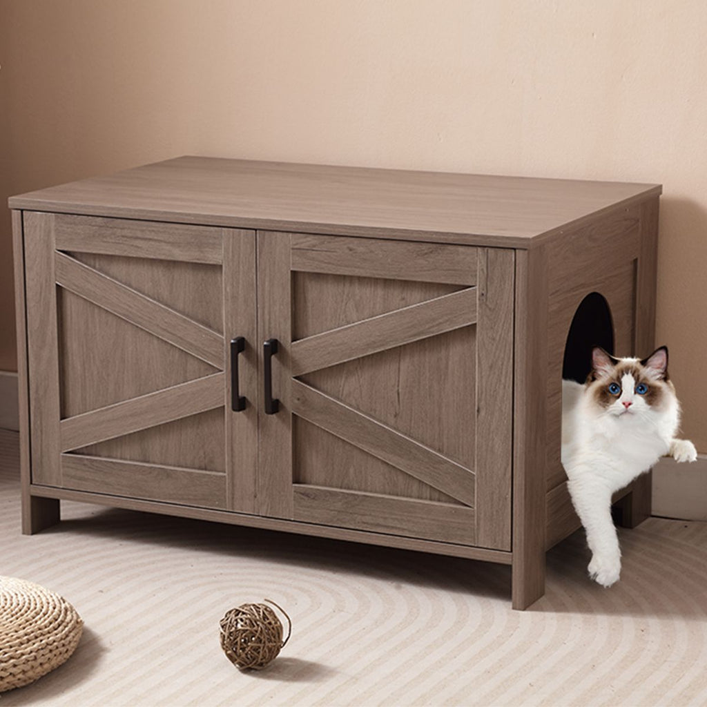 Cat Litter Box Enclosure, Litter Box Furniture Hidden with Barn Door, Wooden Cat Washroom Furniture, Cat House, End Table, Fit Most of Litter Box, Greige -Does not support self pick up