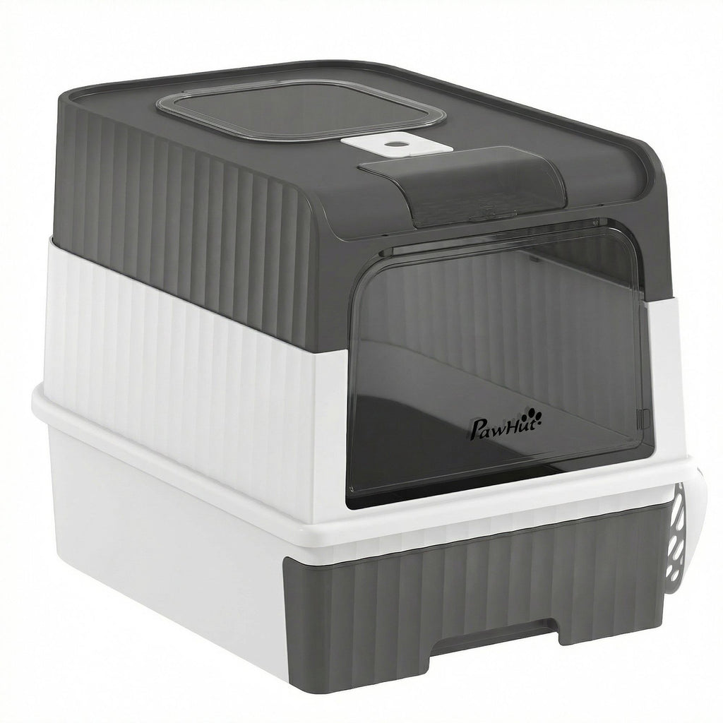 Cat Litter Box Hooded Cat Litter Tray with Drawer Pan Front Entry & Top Exit Easy Cleaning Gray