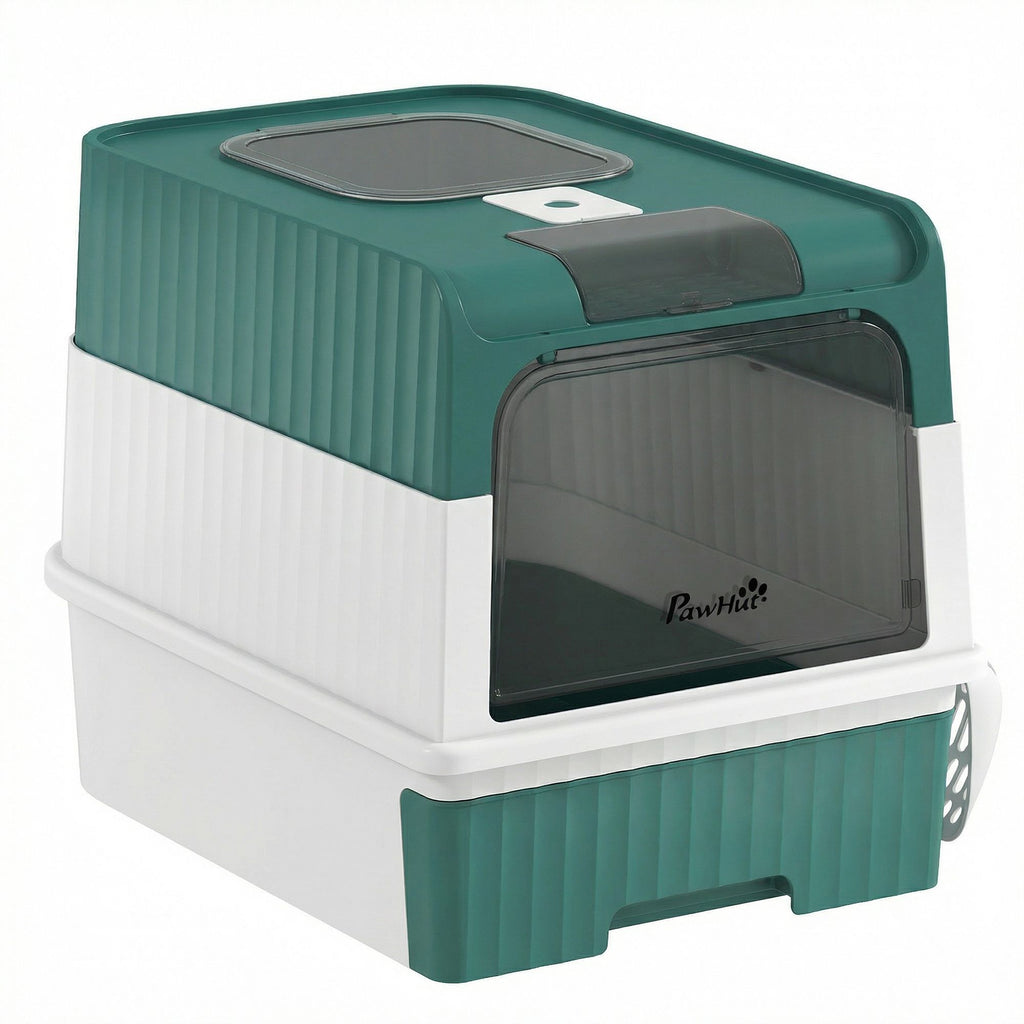 Cat Litter Box Hooded Cat Litter Tray with Drawer Pan Front Entry & Top Exit Easy Cleaning Teal