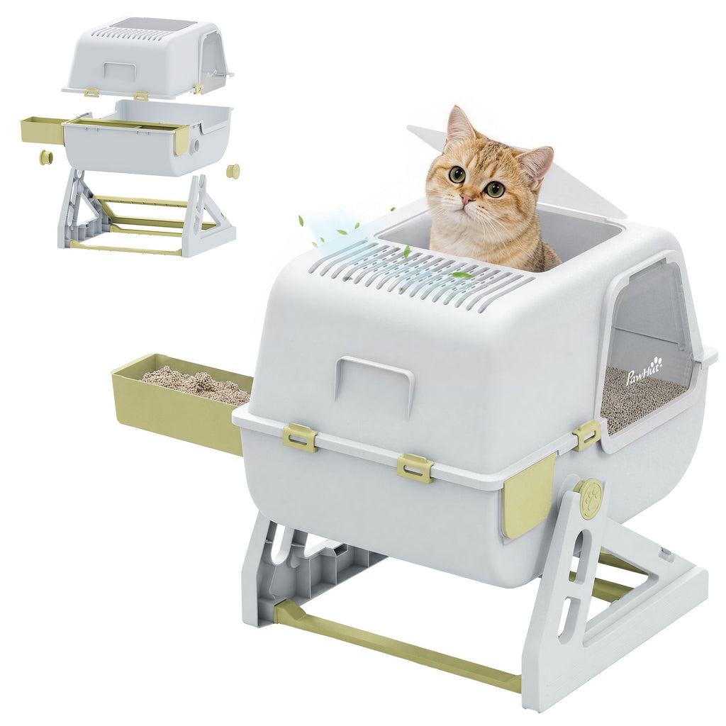 Cat Litter Box with Lid, Enclosed Cat Litter Box with Deodorization Bag & Drawer Pan, High Sides & Flip-to-Clean