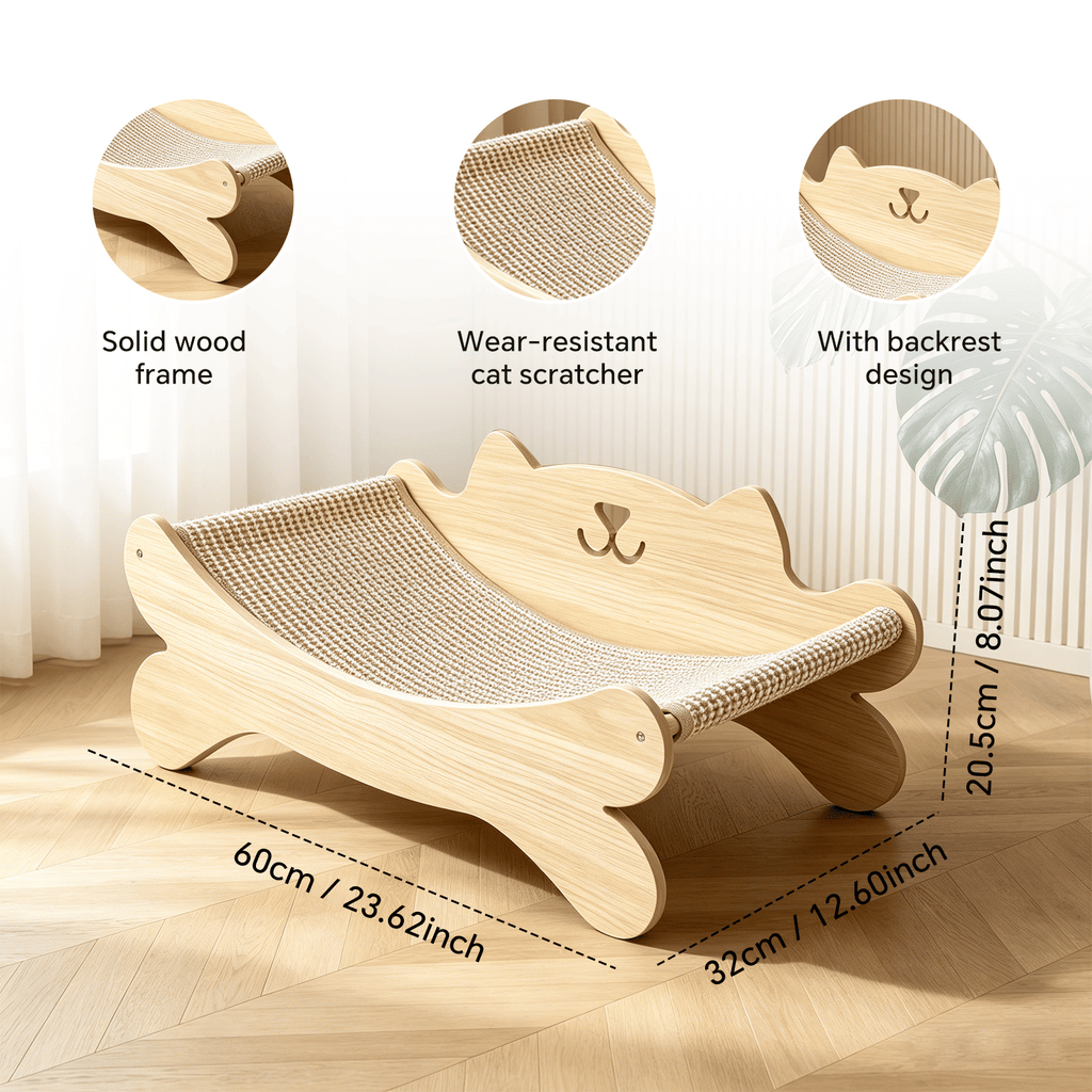 Cat Scratcher Bed for Indoor Cats Kitten Bed Cat Hammock with Solid Wood Frame Wear Resistant Sisal Backrest Design Cats Scratcher Lounge, Wooden Cat Furniture