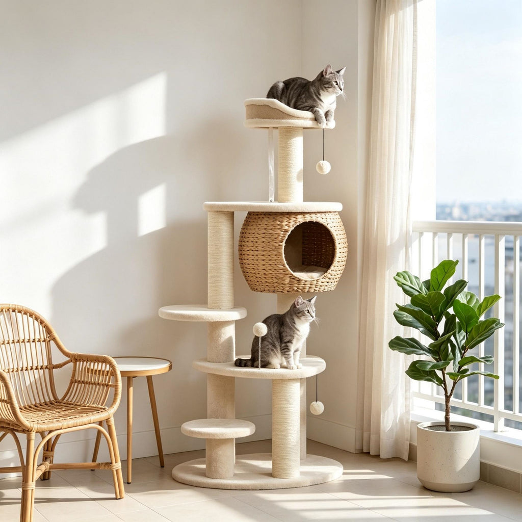 Cat Tree 52 Inch Cat Tower with Handwoven Cattail Condo Bed Platforms 3 Scratching Posts 3 Toy Balls