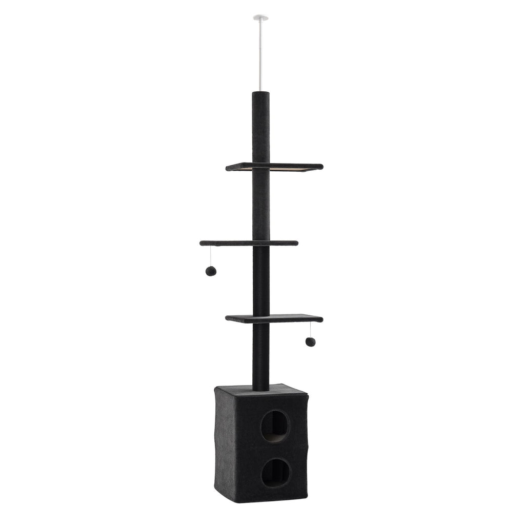 Cat Tree Floor to Ceiling Condo w/ Jute Scratching Post Dangling Ball Adjustable 86.5" H -96.5" H, Grey