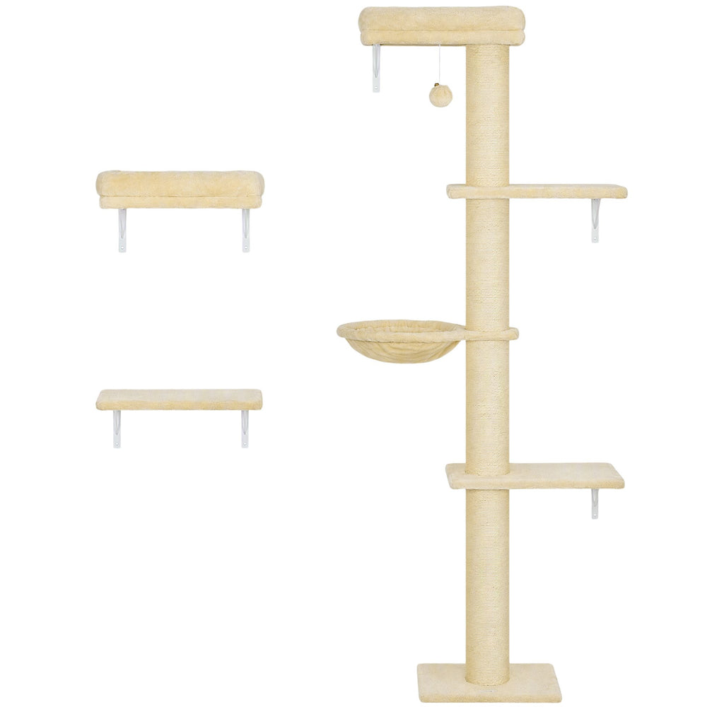 Cat Wall Shelves, 3-in-1 Cat Wall Furniture Set with Scratching Post for Indoor Kittens Climbing Sleeping, Beige